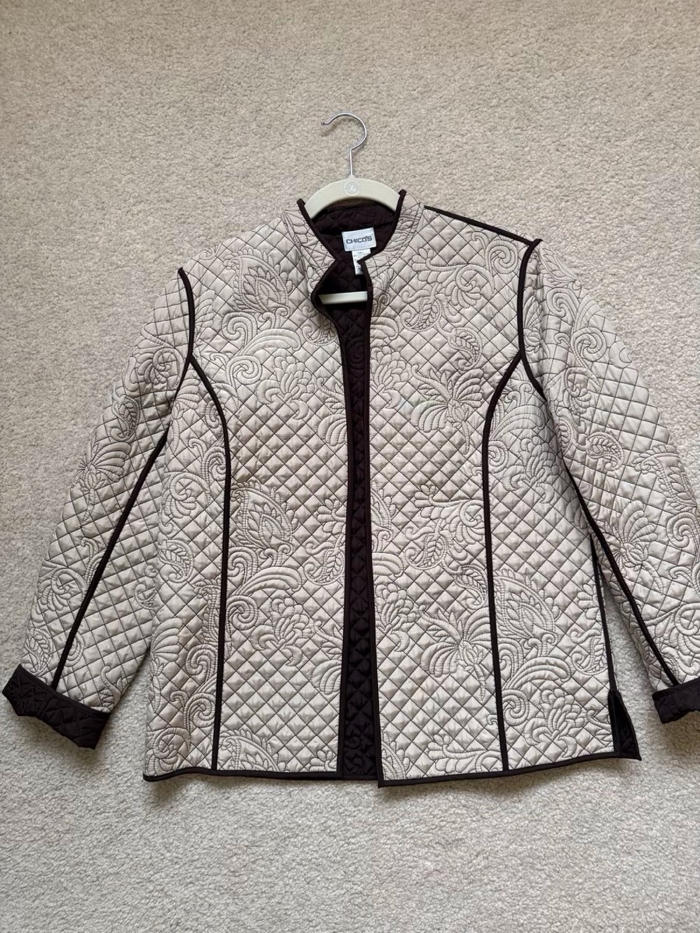 Chico's Quilted Cream Jacket with Dark Brown Trim